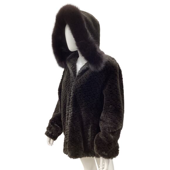 Gallery Bomber Jacket Women’s SZ M Faux Fur With Genuine Fox Fur Hood Trim Brown - Picture 2 of 6